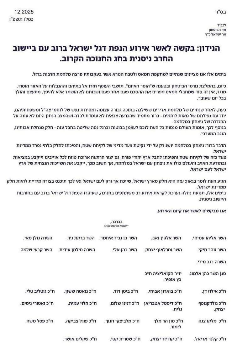 מכתב השרים והח"כים לשר הביטחון פניית ח"כים מהקואליציה לשר הביטחון ישראל כ"ץ בבקשה לקיים אירוע הנפת דגל ישראל בשטח רצועת עזה