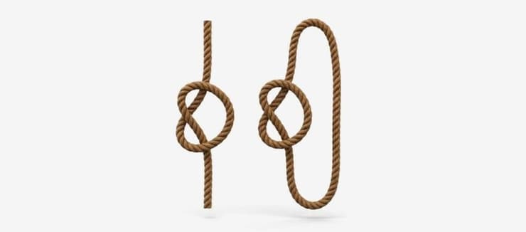 אחד הקשרים הבסיסיים ביותר שקיימים הוא קשר הבוהן. משמאל: קשר בוהן פתוח; מימין: התיאור המתמטי שלו. קשר מתמטי מתואר תמיד בתוך לולאה סגורה (איור: ליאת פלי באמצעות ג'מיני, מכון דוידסון לחינוך מדעי) אחד הקשרים הבסיסיים ביותר שקיימים הוא קשר הבוהן. משמאל: קשר בוהן פתוח; מימין: התיאור המתמטי שלו. קשר מתמטי מתואר תמיד בתוך לולאה סגורה