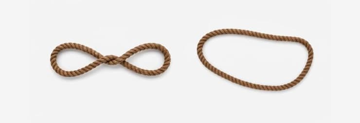 גם עיוותים מסוימים עשויים לשנות את האופן שבו הקשר נראה, אך לא את הקשר עצמו.שני הקשרים בתמונה זהים: מספיק לסובב אחת משתי הלולאות של הקשר השמאלי נגד כיוון הליפוף כדי להחזיר את הקשר לצורת לולאה פשוטה (איור: ליאת פלי באמצעות ג'מיני, מכון דוידסון לחינוך מדעי) גם עיוותים מסוימים עשויים לשנות את האופן שבו הקשר נראה, אך לא את הקשר עצמו.שני הקשרים בתמונה זהים: מספיק לסובב אחת משתי הלולאות של הקשר השמאלי נגד כיוון הליפוף כדי להחזיר את הקשר לצורת לולאה פשוטה