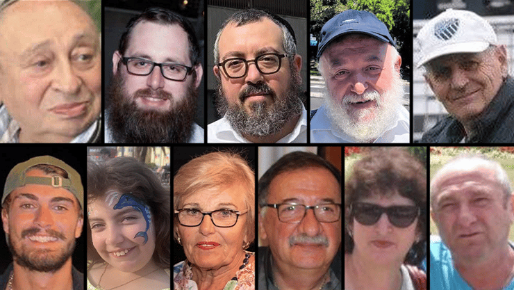 11 מקורבנות הפיגוע בסידני. למעלה, מימין לשמאל: פיטר מייגר, ראובן מוריסון, הרב אלי שלנגר, הרב יעקב הלוי לויטין ואלכס קלייטמן. למטה: בוריס גורמן, סופיה גורמן, טיבור וייצן, מריקה פוגני, מתילדה פולטבצ'נקו ודן אלקיים (צילום: סעיף 27א לפי חוק זכויות יוצרים, ABC) הרוגים פיגוע ירי סידני אוסטרליה