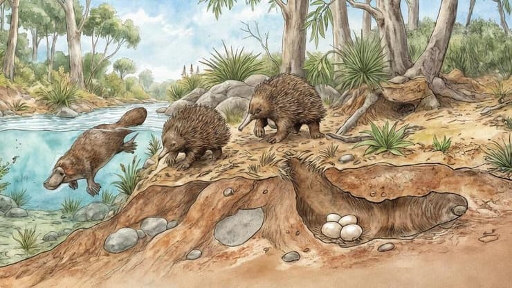 שילוב מעניין של מאפיינים המזכירים את שתי הקבוצות גם יחד, אכינדנפוס למטה משמאל. שישה מינים נכחדים של יונקי ביב מאוסטרליה