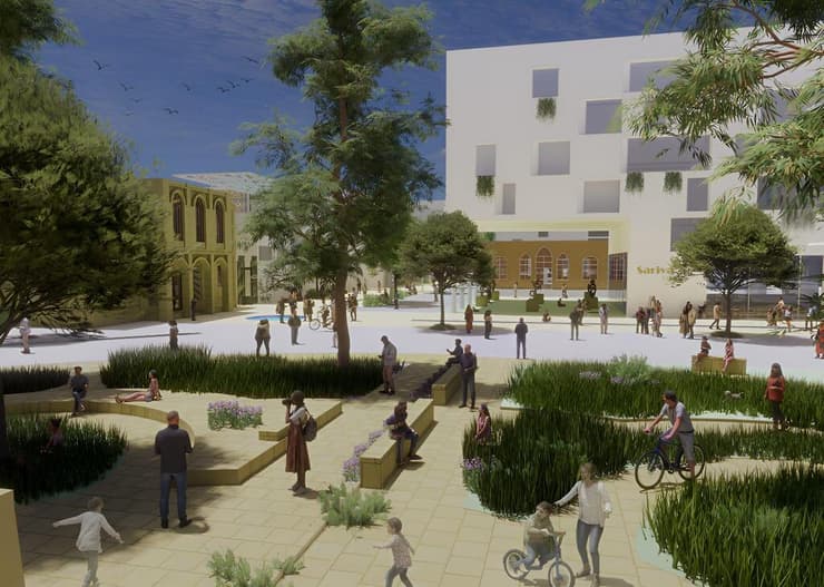 הדמיית מתחם המגורים והבילוי שייבנה במקום פיקוד דרום בעיר העתיקה באר שבע