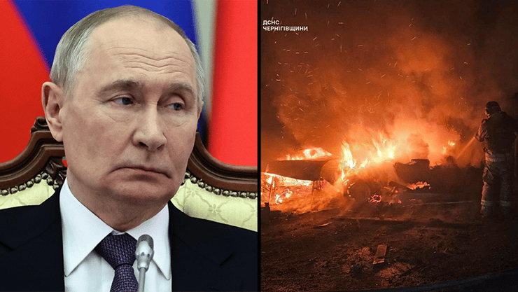 פוטין ואש אחרי אחת המתקפות החוזרות ונשנות על ערי אוקראינה (צילום: Handout / UKRAINIAN EMERGENCY SERVICE / AFP, Alexander Kazakov, Sputnik, Kremlin Pool Photo via AP) ולדימיר פוטין, מתקפה של רוסיה על אוקראינה