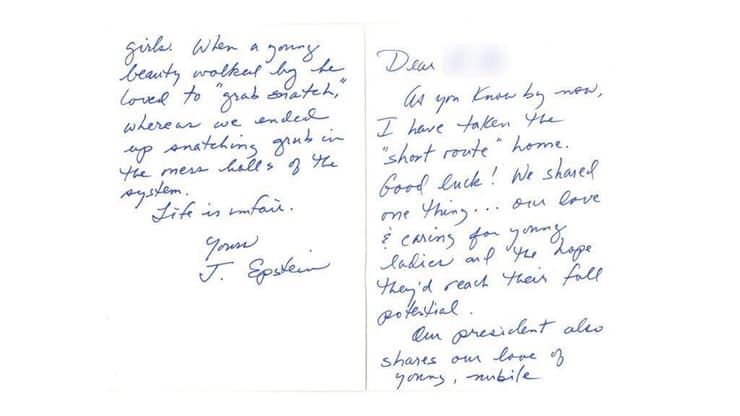 גלויה ששלח אפשטיין מתאו בכלא ב-2019 ושבה כתב כי "הנשיא שלנו חולק את אהבתנו לבנות בשלות וצעירות"