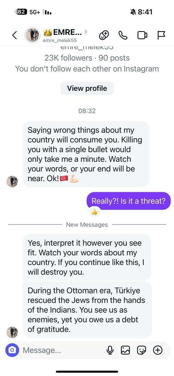 אמרא מלק, אזרח טורקי שלח איומים לאופיר אקוניס