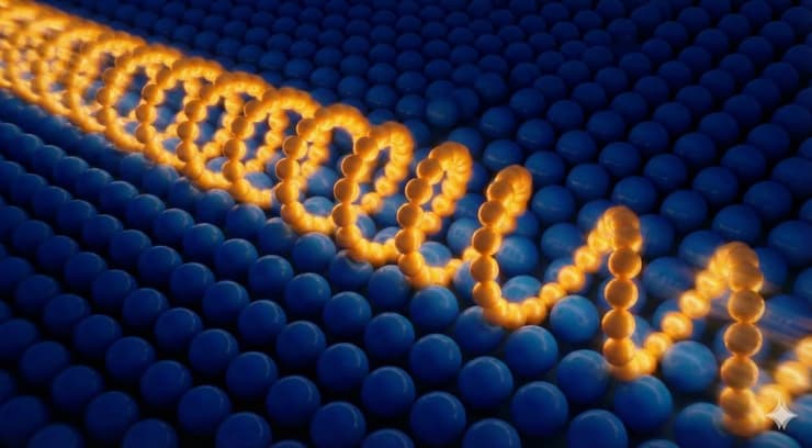 האור כהפרעה גלית: המחשה של פוטון המתקדם בתוך הסריג כגל של העברת אנרגיה, כאשר הכדורים מעבירים את הרעידה מאחד לשני