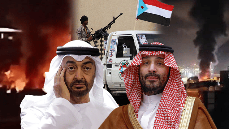 יורש העצר הסעודי בן סלמאן ונשיא איחוד האמירויות בן זאיד, על רקע ההפצצות הסעודיות ולוחם עם דגל של מדינת "דרום תימן" שאותה הבדלנים רוצים להקים מחדש (צילום: Evelyn Hockstein/POOL/AFP, AP, REUTERS/Fawaz Salman) בן סלמאן ונשיא איחוד האמירויות בן זאיד ברקע תקיפות של סעודיה ב תימן נגד בדלנים מארגון מועצת המעבר הדרומית STC