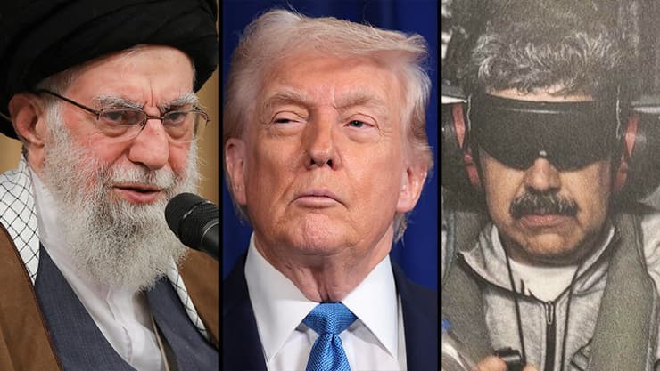 מדורו (מימין, אחרי שנלכד), טראמפ וחמינאי האב - שחוסל (צילום: REUTERS/Jonathan Ernst, KHAMENEI.IR / AFP) דונלד טראמפ, ניקולס מדורו, חמינאי