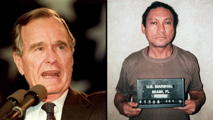 רודן פנמה המודח נורייגה והנשיא בוש האב. זיכרונות כושלים מעיראק ואפגניסטן, אבל שם זה עבד  