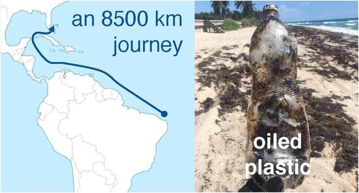 המסלול שהזיהום הימי עשה מחופי ברזיל לחופי פלורידה, לצד אחד מבקבוקי הפלסטיק המוכתמים בנפט שאותרו על חופי פאלם ביץ'