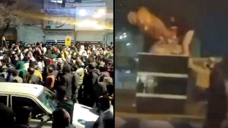 מימין: תיעוד שבו נטען כי נראית הפלתו של פסל של קאסם סולימאני בעיר קוצ'נאר, משמאל: הפגנה בעיר אליגודרז תיעוד שבו נטען כי מפגינים הפילו את פסל קאסם סולימאני בעיר קוצ'ינאר ב איראן