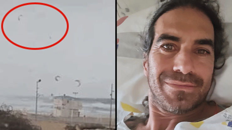 דורון בס בבית החולים, ותיעוד מרגעי האסון בחוף בבת ים (צילום: באדיבות המצולם , לפי סעיף 27א' לזכויות יוצרים מהרשתות החברתיות) דורון בס עף ברוחות עם גלשן הקייט