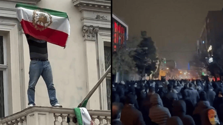 מימין: תיעוד מהמחאה באיראן בסוף השבוע. משמאל: מפגין שטיפס על שגרירות איראן בלונדון, הסיר את דגל הרפובליקה האיסלאמית - והחליף אותו בדגל איראן של השאה (צילום: מתוך Politics UK) לונדון: מפגין טיפס על שגרירות איראן, הסיר את דגלה - והניף את דגל השאה