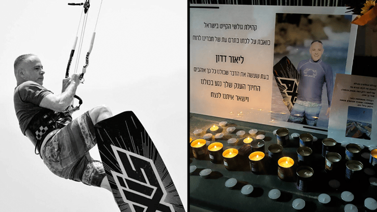 ליאור דדון ז"ל, ונרות שחבריו הדליקו לזכרו (צילום: מתוך פייסבוק, מאיר תורג'מן) ליאור דדון, נהרג בעת שגלש עם רחפן בחוף בבת ים