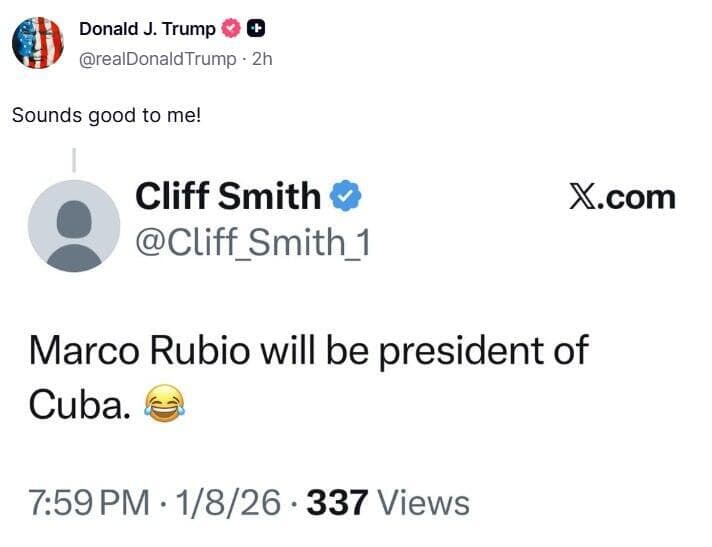 הפוסט של טראמפ על מינוי רוביו לנשיא רובה: "נשמע לי טוב!" פוסט של נשיא ארה"ב דונלד טראמפ שתומך ב מרקו רוביו ל נשיא קובה הבא