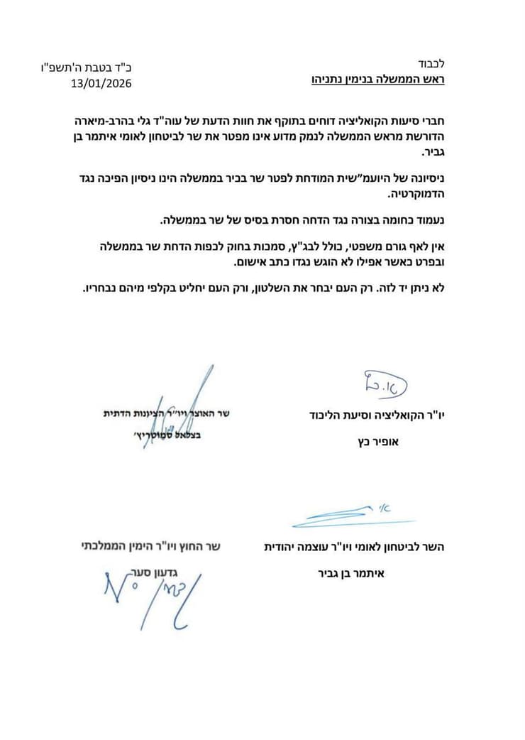 מכתב הבכירים בקואליציה מכתב בכירים בקואליציה החוו"ד של היועמ"שית לפיטורי בן גביר