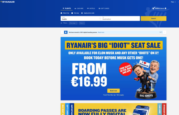 כך נראה עמוד הבית של ריינאייר