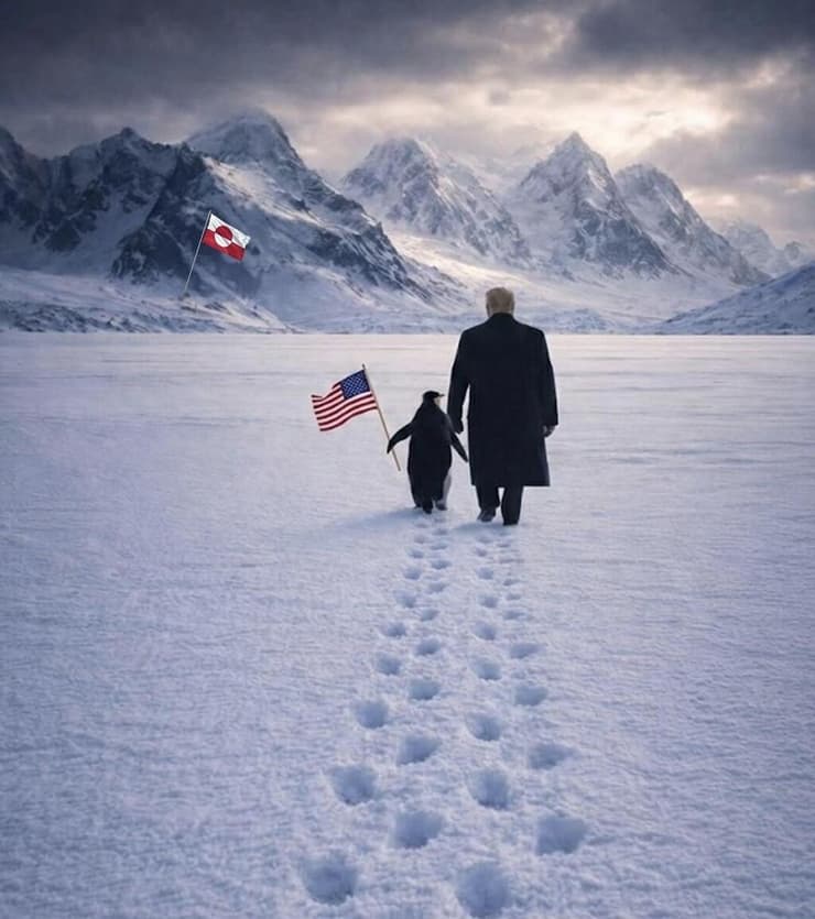תמונת הבינה המלאכותית שעוררה סערה: הנשיא טראמפ הולך יד ביד עם פינגווין שאוחז בדגל ארצות הברית, ברקע הנוף המושלג ודגל גרינלנד