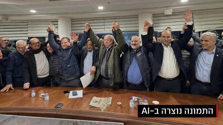 תמונה ערוכה שפרסמה מפלגת הליכוד, שמציגה את לפיד ובנט כחלק מהרשימה המשותפת