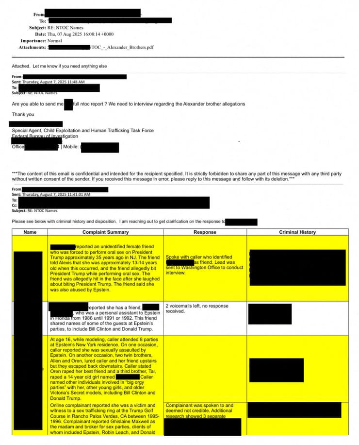 חלק ממסמכי אפשטיין בהם מצוין השם של טראמפ