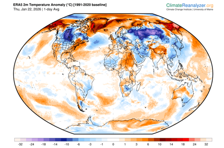 בזמן שארצות הברית סובלת מקור עז, שכנתה גרינלנד רשמה לאורך השבוע טמפרטורות חמות במיוחד. הטמפרטורה היומית ברחבי העולם ביחס לממוצע הרב שנתי של הטמפרטורה באותו היום, עם כניסת גל הקור לארצות הברית 