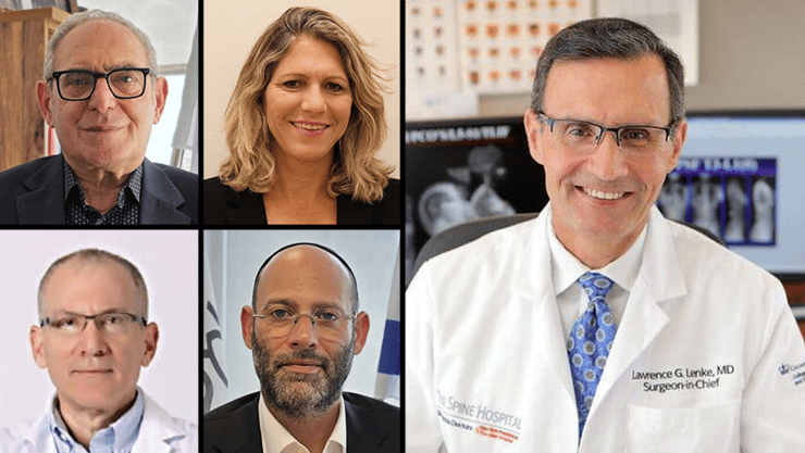  מימין: פרופ' לורנס לנקה. בתמונות הקטנות משמאל למעלה בכיוון השעון - פרופ' יוסי פרס, פרופ' אסנת לבציון קורח, יוסי ערבליך, פרופ' יורם אנקשטיין