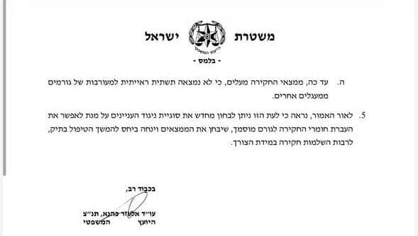 המכתב המלא של יועמש המשטרה ליועמ״ש משרד המשפטים