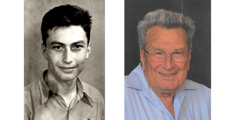 משמאל: יגאל תלמי ב-1941 בתקופת לימודיו בגימנסיה הרצליה, מימין: פרופ' תלמי ב-2010