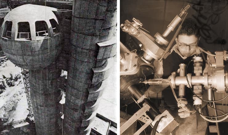 פיקח על בנייתם של כמה מאיצי חלקיקים עבור מכון ויצמן. גולדרינג במאיץ ון-דה-גרף (מימין) ותמונה של מאיץ החלקיקים ע"ש קופלר, שהפך לסמל של המכון 