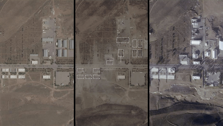 תמונות הלוויין של אחד מהאתרים ששוקמו. משמאל: ב-4 ביוני, לפני מבצע עם כלביא. באמצע: ב-29 ביוני, אחרי המבצע. מימין: ב-11 בנובמבר (צילום: מתוך הניו יורק טיימס) תמונות לווין של אתרי הגרעין באיראן