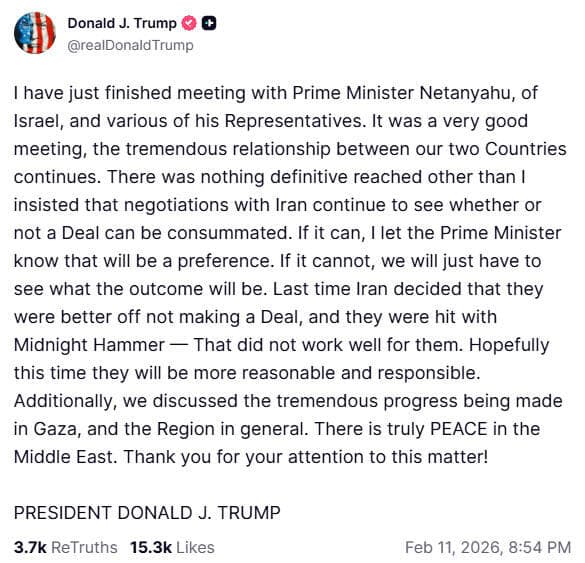 הפוסט שפרסם נשיא ארה"ב דונלד טראמפ אחרי הפגישה עם ראש הממשלה בנימין נתניהו