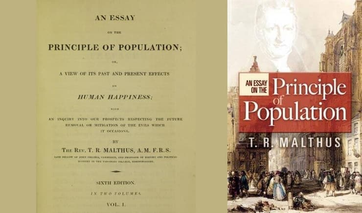 בחיבורו "מסה על עקרון האוכלוסייה" תומס מלתוס התפלמס עם ויליאם גודווין, אף שהשניים כנראה לא נפגשו מעולם. הכריכה והעמוד הראשון של הספר (צילום: ויקימדיה, Federico Leva) בחיבורו "מסה על עקרון האוכלוסייה" תומס מלתוס התפלמס עם ויליאם גודווין, אף שהשניים כנראה לא נפגשו מעולם. הכריכה והעמוד הראשון של הספר