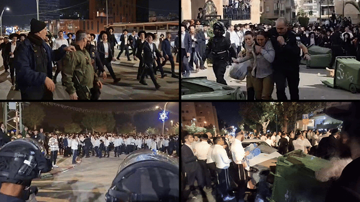 מימין למעלה: חילוץ החיילות, הברחת האלוף זיני, התנפלות על לוכדי עריקים ומהומה מחוץ לתחנת משטרה (צילום: דוד קשת, קובי ישראל, שימוש לפי סעיף 27 א' לחוק זכויות יוצרים) הפגנה חרדים