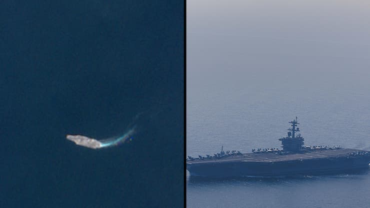 הלינקולן מהלוויין, ובים. 240 ק"מ מחופי עומאן (צילום: AFP PHOTO / ESA) נושאת ה מטוסים אברהם לינקולן ארצות הברית ליד חופי עומאן צבא הים הערבי תמונות לוויין