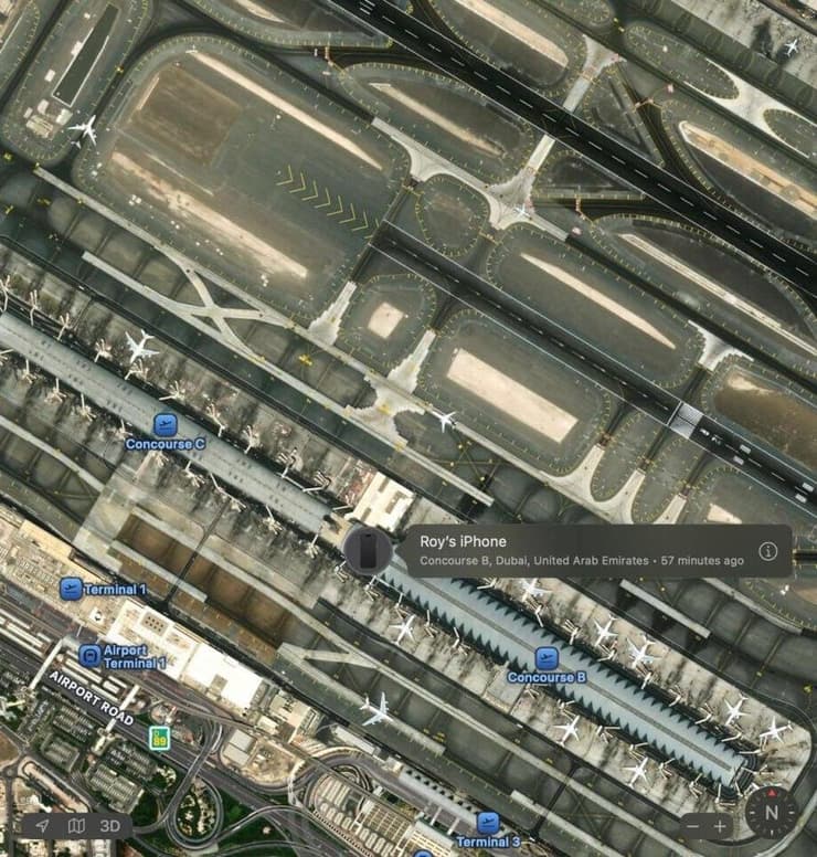 איתור הטלפון בשדה התעופה בדובאי צילום מסך של מציאת מיקום האייפון בדובאי