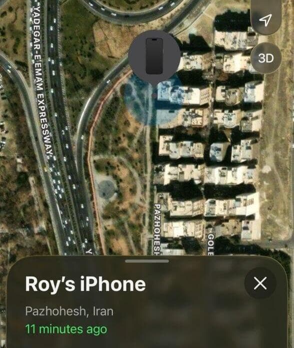 וכעת - בלב טהרן צילום מסך של מציאת מיקום האייפון באיראן