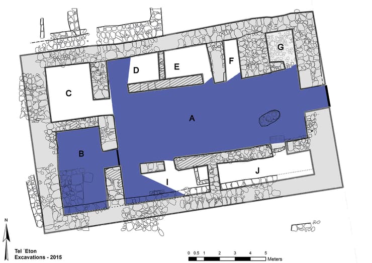 השטחים הנצפים מפתח חדר 101B, כולל פתח המבנה לבית, פתחי החדרים, והחצר כולה