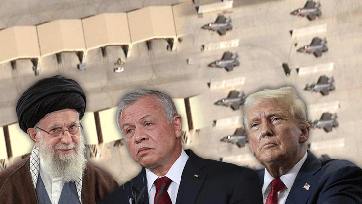 "ירדן בלב הסערה - אך לא רוצה להיות חלק ממנה" (צילום: Airbus, AP Photo/Alex Brandon, Sean Gallup/Majid Saeedi/Getty Images) מטוסי קרב ב בסיס האמריקני מואפק א-סלטי ב ירדן כחלק מהכנות ל מלחמה מול איראן צילום לוויין 20 בפברואר