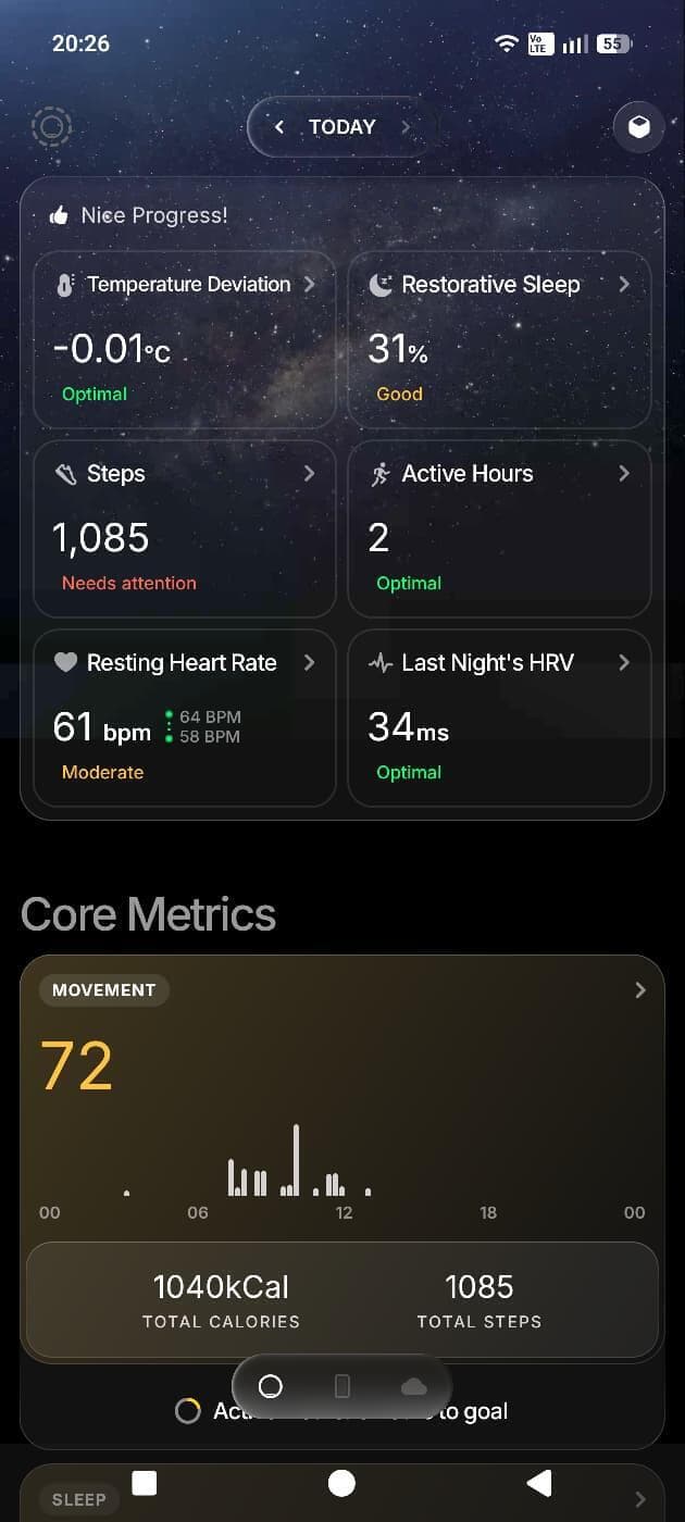 אפליקציה יפה, אבל קצת מבולגנת (צילום מסך) הטבעת Ultrahuman Ring Air