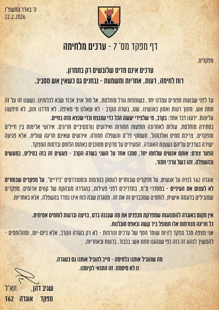 מכתבו של מפקד אוגדה 162 למפקדים על מקרה ההתעללות בלוחמות על ידי סמלת ל'