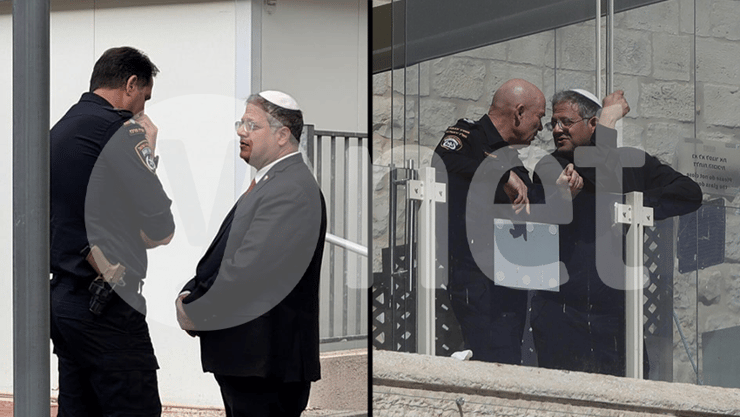 בן גביר עם פלד וכהן - ללא נוכחות המפכ"ל (צילום: גיל יוחנן) איתמר בן גביר שיחה פרטית אישית ניצב אמיר כהן בלי ללא נוכחות מפכ"ל דני לוי, אבשלום פלד