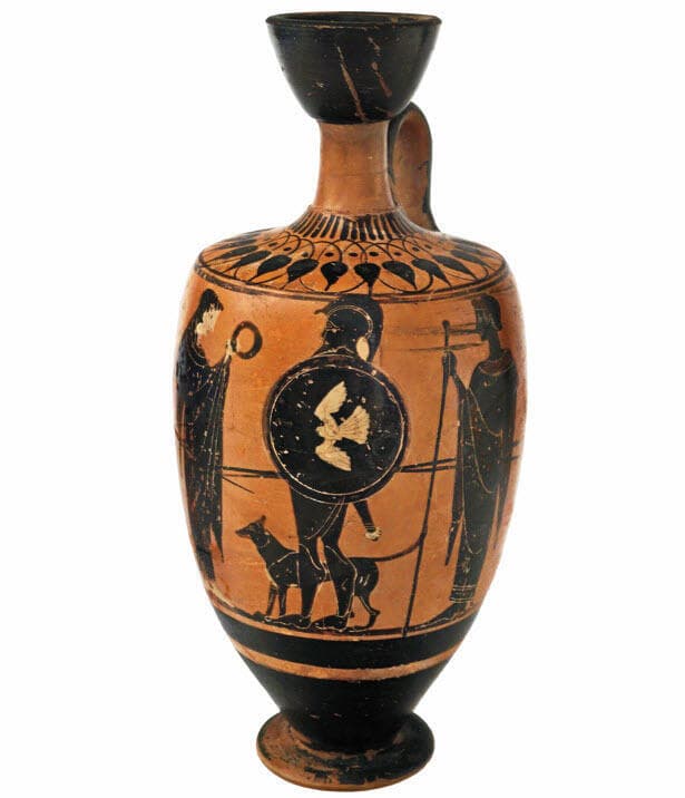 אישה נפרדת מבעלה שיוצא למלחמה. קרמיקה, יוון, 540 לפנה"ס בקירוב