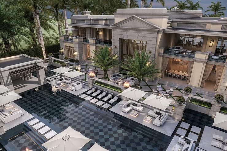 הבריכה, עם הרצפה בדוגמת השחמט (צילום: פריס רפאולי) הבית של מארק צוקרברג באינדיאן קריק במיאמי