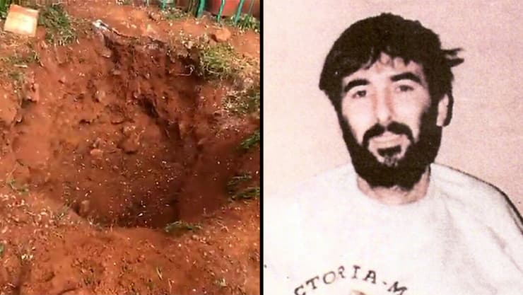 רון ארד, והזירה בה חיפשו את עצמותיו בפעם הקודמת (צילום: מתוך הרשתות החברתיות לפי סעיף 27 א') הבור שחפרו חיילי הקומנדו הישראלים בבית הקברות בחיפוש אחר שרידי רון ארד