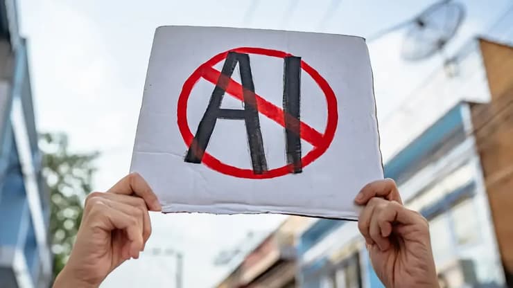 שלט נגד בינה מלאכותית בהפגנה בארה"ב