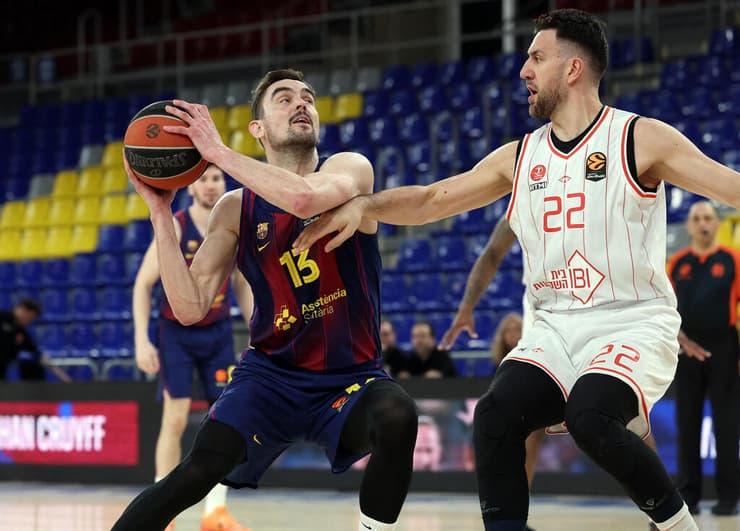 שחקן הפועל ת"א וסיליה מיציץ' מול שחקן ברצלונה תומאס סטורנסקי