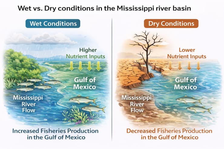 מימין: תנאים רטובים (רבוי גשמים) מגבירים את זרימת נהר המיסיסיפי ואת הובלת חומרי ההזנה למפרץ מקסיקו, ובכך מעלים את היצרנות הראשונית ואת תפוקת הדיג. משמאל: בצורת חמורה וארוכה שמפחיתה את זרימת הנהר ואת כניסת חומרי ההזנה, מה שמוביל לירידה ביצרנות הראשונית, כמו גם לירידה בביומסת הדגים ולפגיעה בתפוקת הדיג