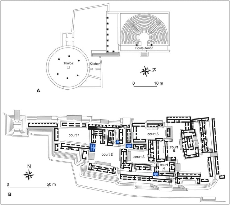 למעלה: הבולטריון והתולוס באתונה, שמעידים על חברה קולקטיבית. למטה: האקרופוליס המרכזי בטיקאל, עיר עתיקה של תרבות המאיה השוכנה בצפון גואטמלה של ימינו, שמעיד על שלטון אוטוקרטי (חדרי כס המלכות מוצגים בכחול)