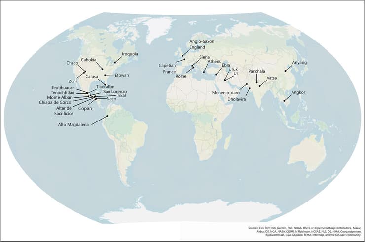 פיזור גיאוגרפי של 31 האתרים שנבדקו במחקר