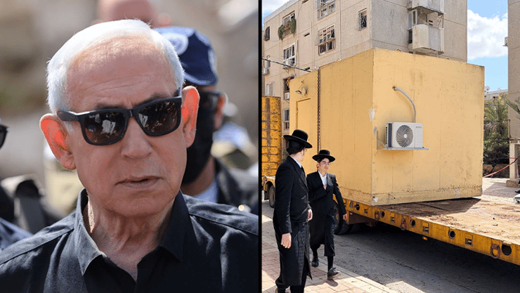 נתניהו בזירה בדימונה, והמיגונית שהובאה במיוחד עבורו לערד ונלקחה (צילום: אלכס קולומויסקי, לירן תמרי) נתניהו בזירה בדימונה ומיגונית שהביאו לראש הממשלה בערד